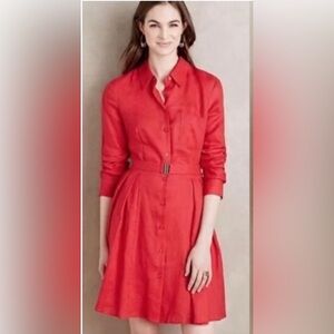 Anthropologie HD in Paris Laila Red Linen Mini Button Down Shirt Dress Size 0